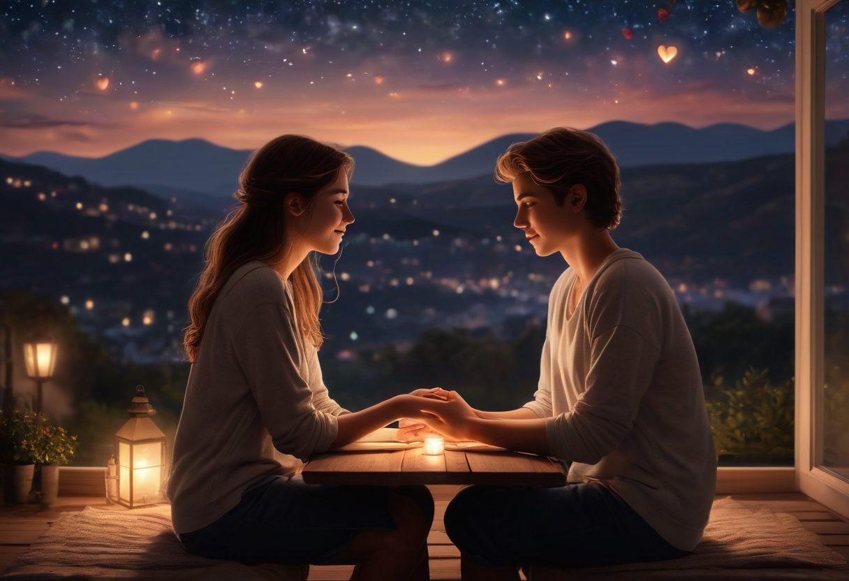 A heartwarming scene depicting two friends sharing a heartfelt conversation under a starry night sky, surrounded by soft glowing lights symbolizing deep emotional connections. Include elements like intertwined hands to signify their bond, and silhouettes of hearts forming in the background. Emphasize warmth and intimacy in the colors, creating a cozy atmosphere. super-realistic. vibrant colors. soft lighting. night-time backdrop.