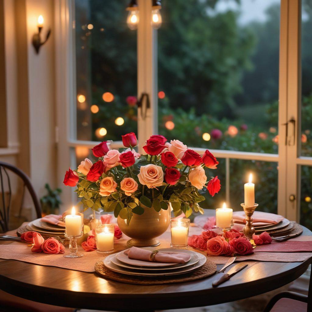 A cozy candlelit dinner setting with two hands gently touching across a table adorned with roses and romantic notes, soft evening light casting warm shadows. In the background, a serene outdoor view with twinkling stars above, encapsulating a sense of intimacy and connection. super-realistic. warm tones. intimate atmosphere.