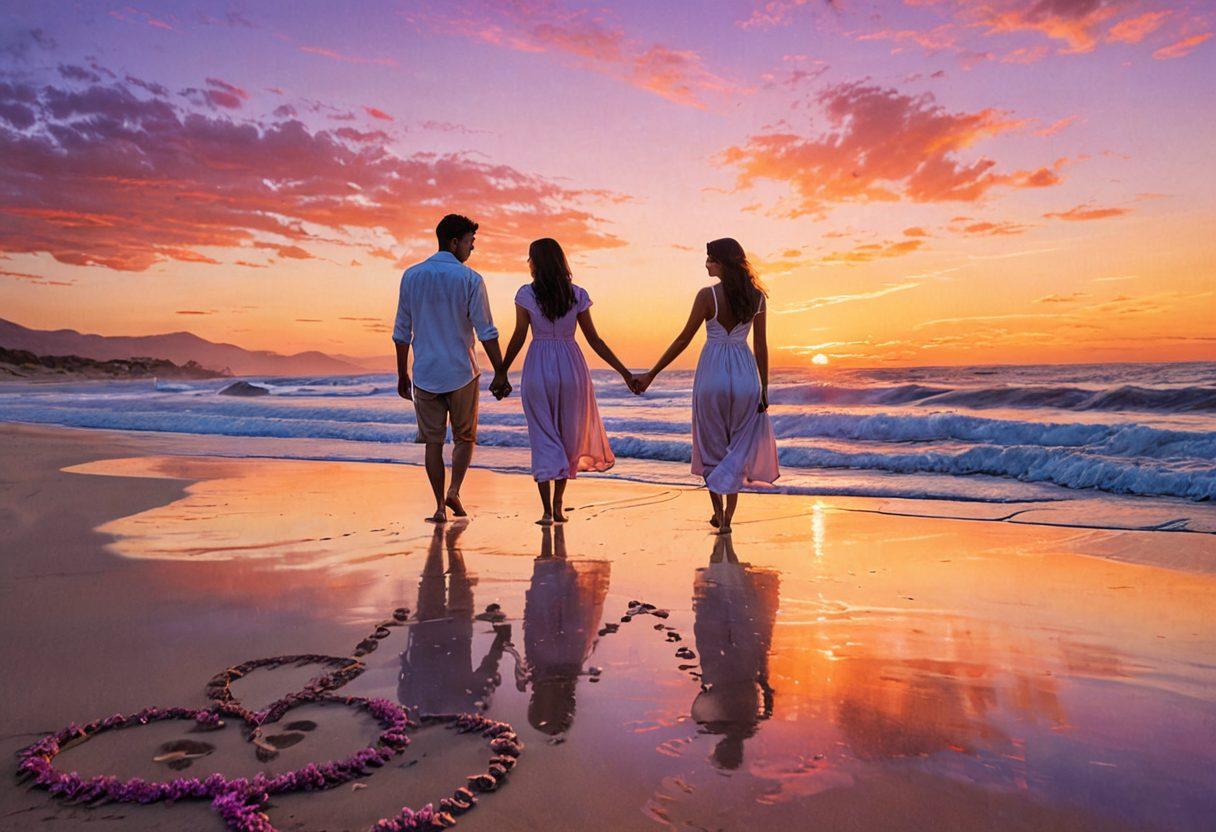 A warm and inviting scene depicting a couple on a serene beach at sunset, holding hands and smiling at each other, with soft waves lapping at their feet. Surround them with heart-shaped footprints in the sand leading toward the horizon. Add symbols of passion like blooming flowers and gentle breezes symbolizing intimacy. Emphasize passion through vibrant colors and soft lighting, capturing the essence of romance. super-realistic. vibrant colors. peaceful atmosphere.